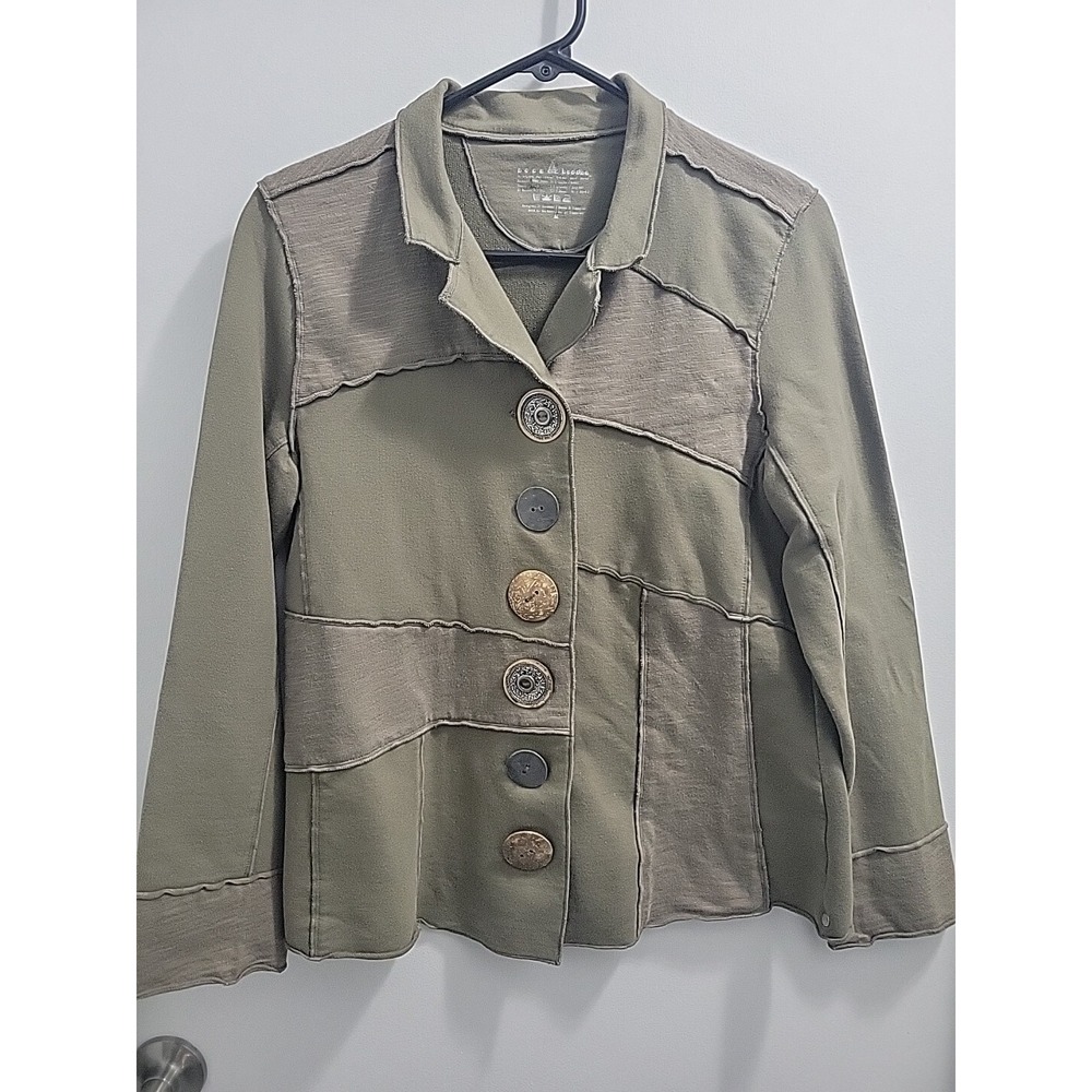 Neon Buddha Womens Button Shirt Jacket Army Green Heathered Piping Stretch Med.